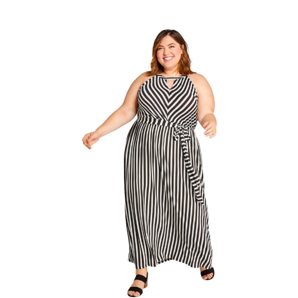 Lane Bryant plus size 1X 14/16 halter maxi dress in black white stripe
